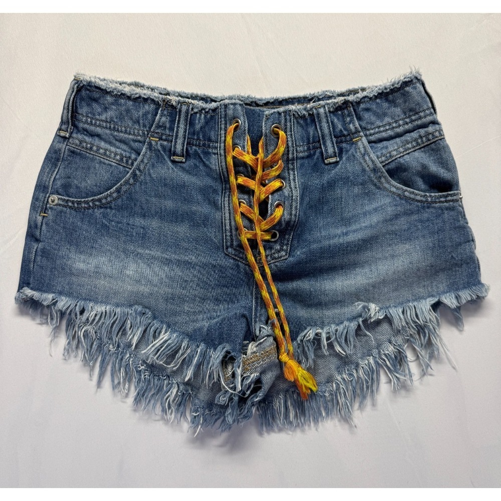 Free People We the Free Lace Up Frayed Beckett Cut Off Shorts Womens 26 Blue